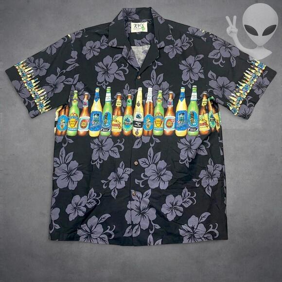 KY'S Other - KY'S Hawaiian Shirt Large Black Hibiscus Beer Bottle Border Aloha Print